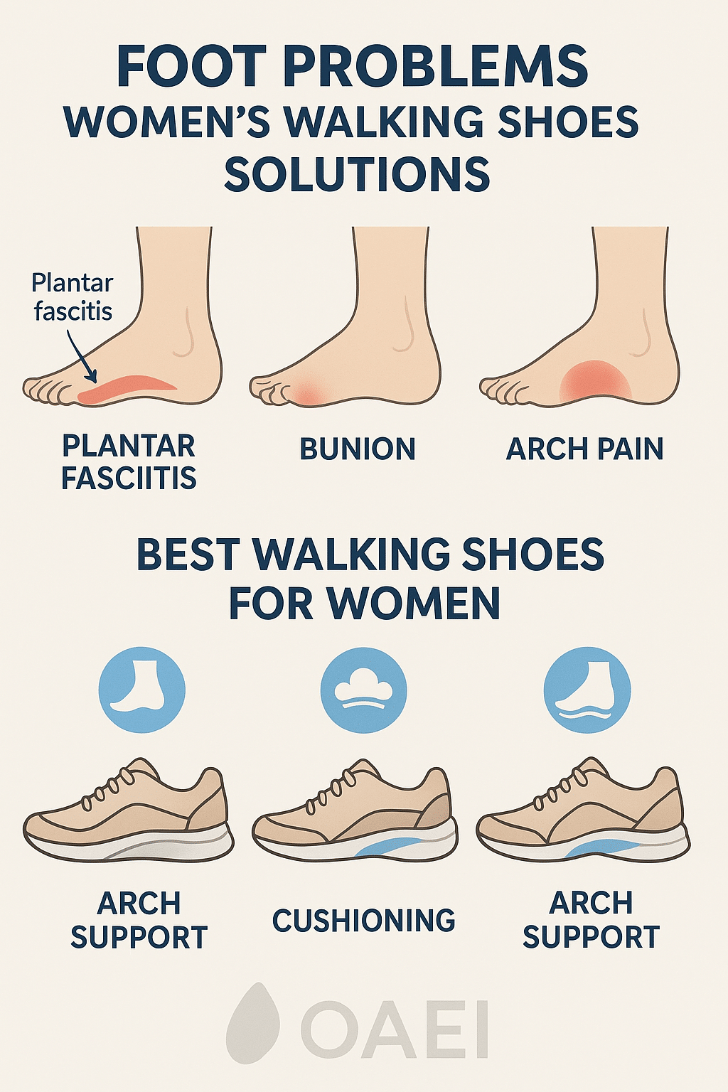 foot problems and solutions infographic for best walking shoes for women support