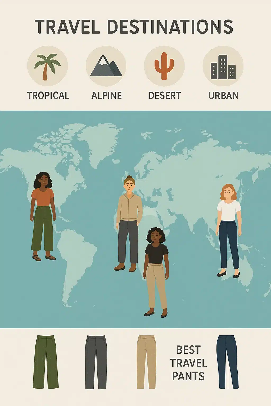 global travel map with best travel pants for women matched to climates