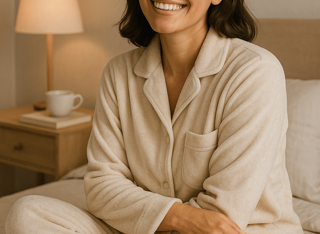 happy woman in best pajamas for women enjoying comfort and style in cozy bedroom