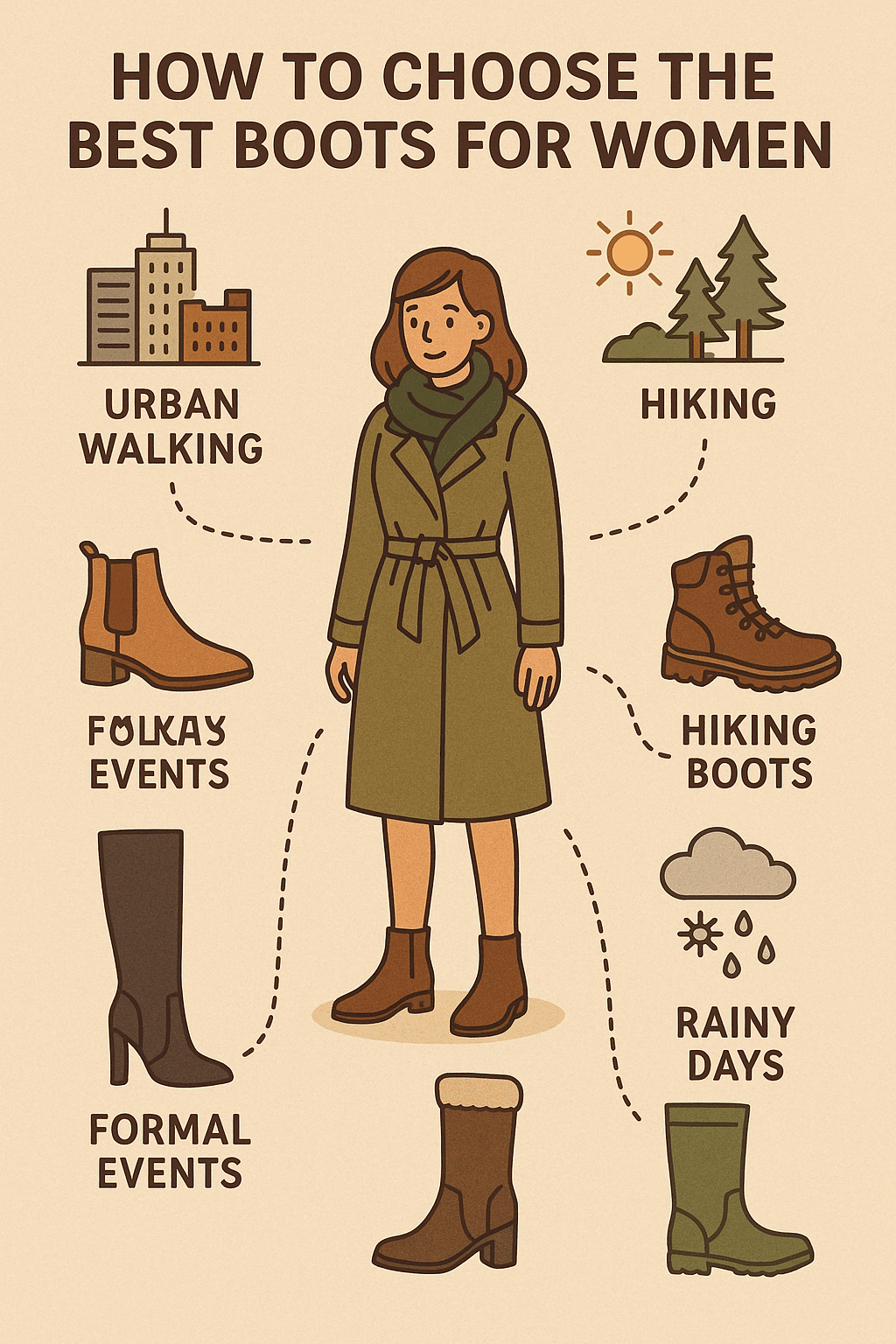 how to choose best boots for women based on climate and activities map infographic