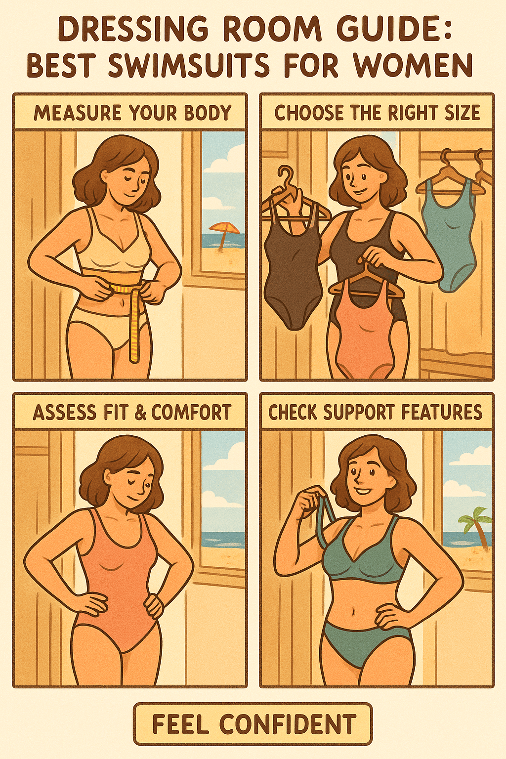 illustrated guide showing woman selecting and trying on best swimsuits for women for perfect fit and