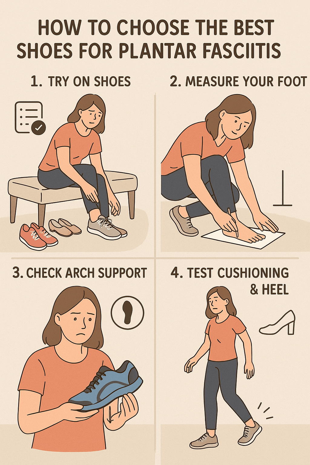illustrated guide with steps to select best shoes for plantar fasciitis for women