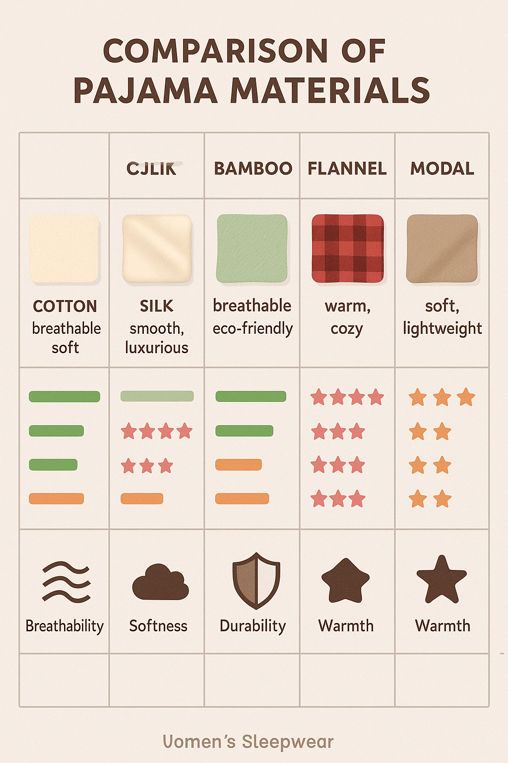 infographic comparing best pajamas for women by fabric type softness breathability warmth