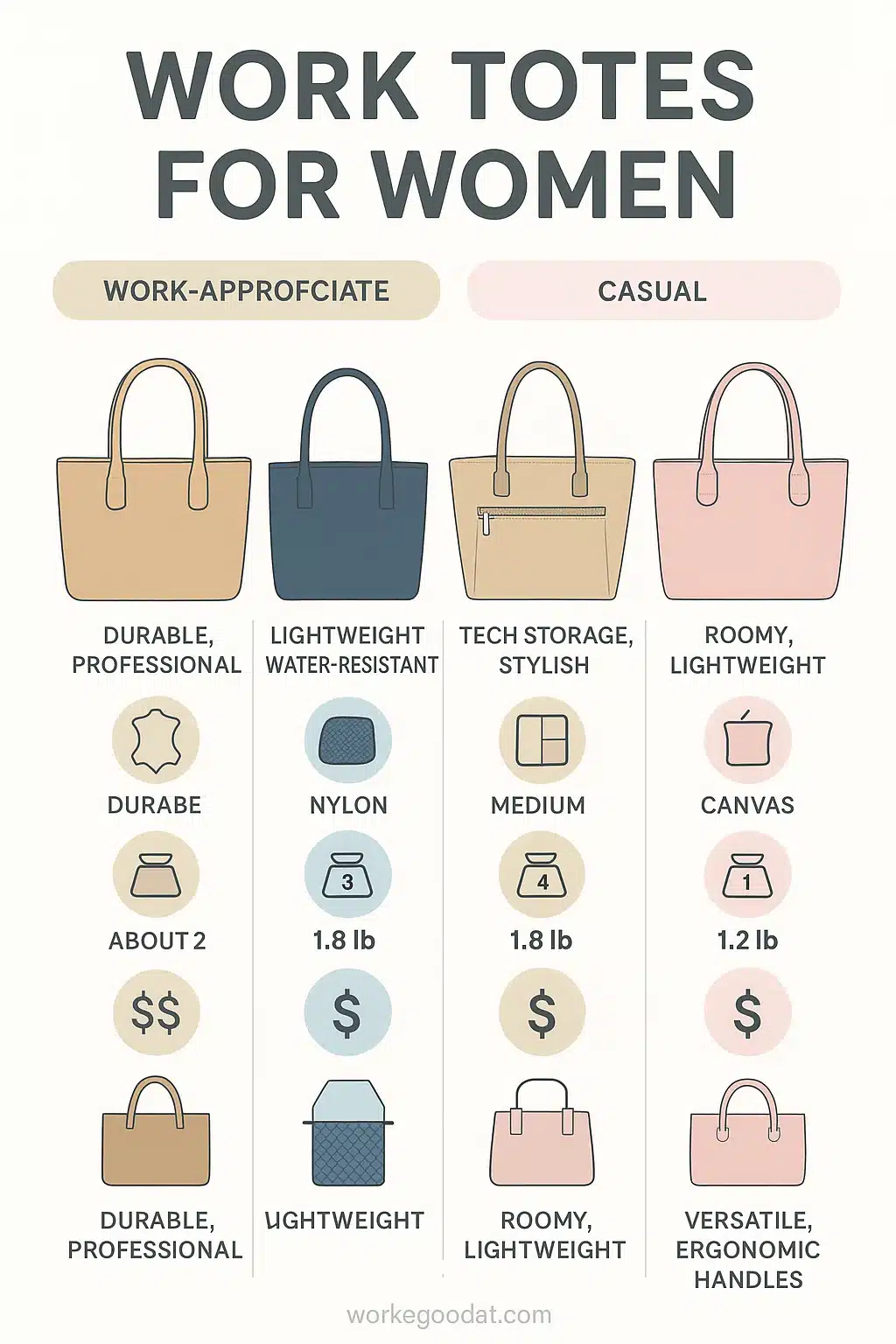 infographic comparing best work totes for women by features and style
