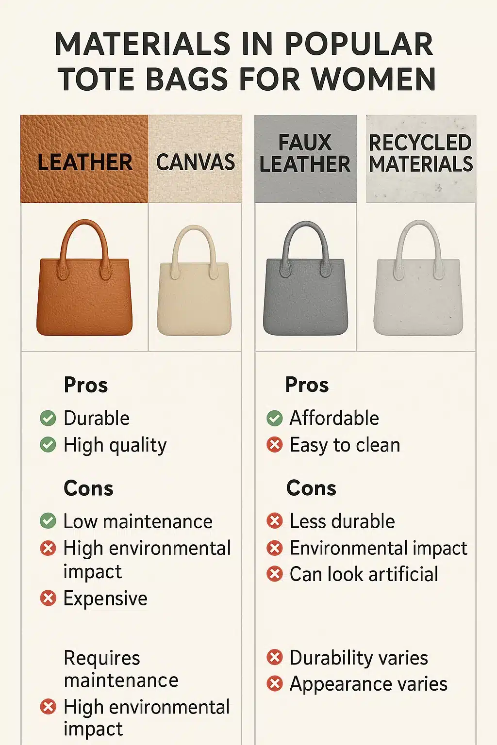 infographic comparing materials of best tote bags for women including leather canvas faux leather an