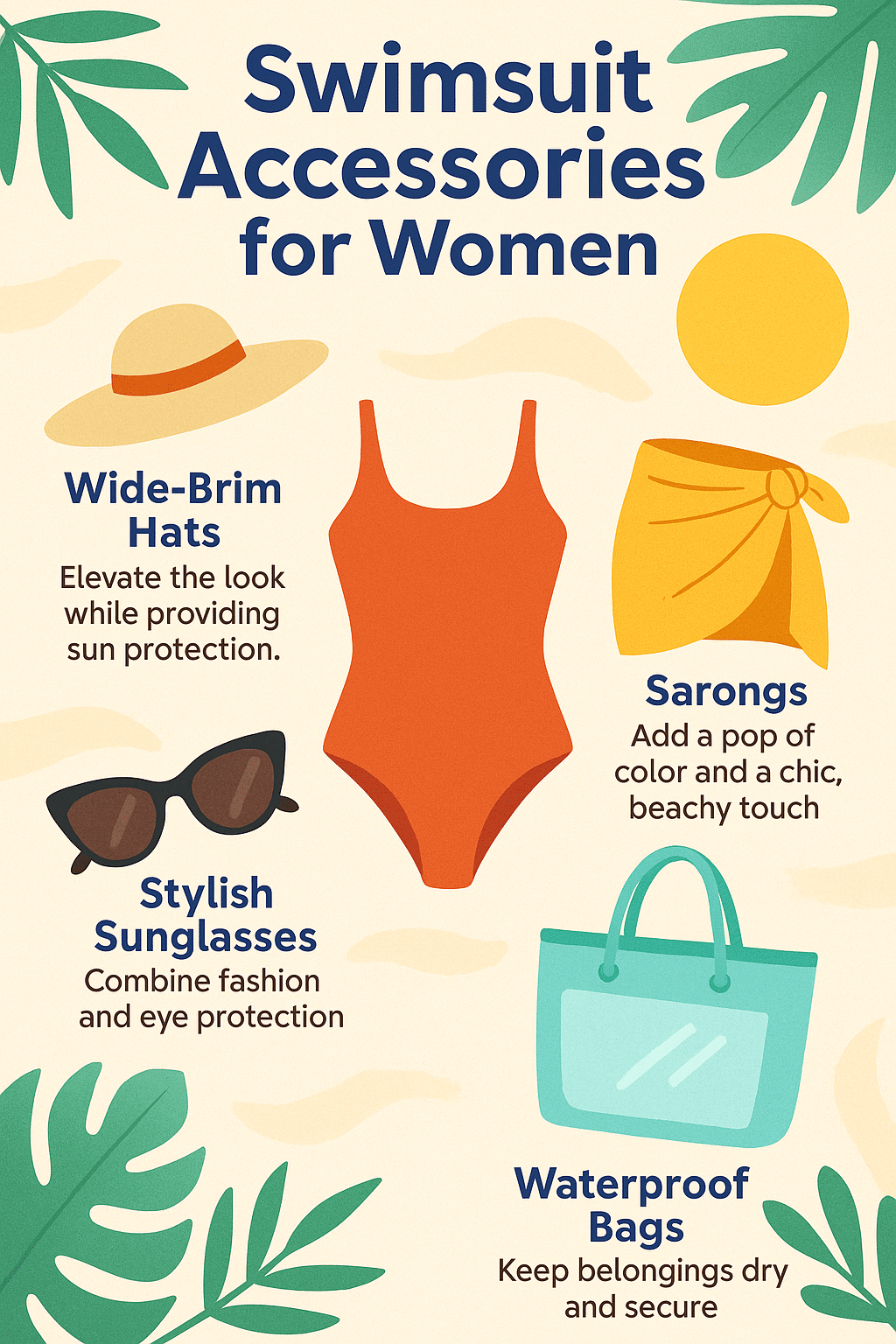 infographic featuring accessories and beachwear to complement best swimsuits for women for stylish b