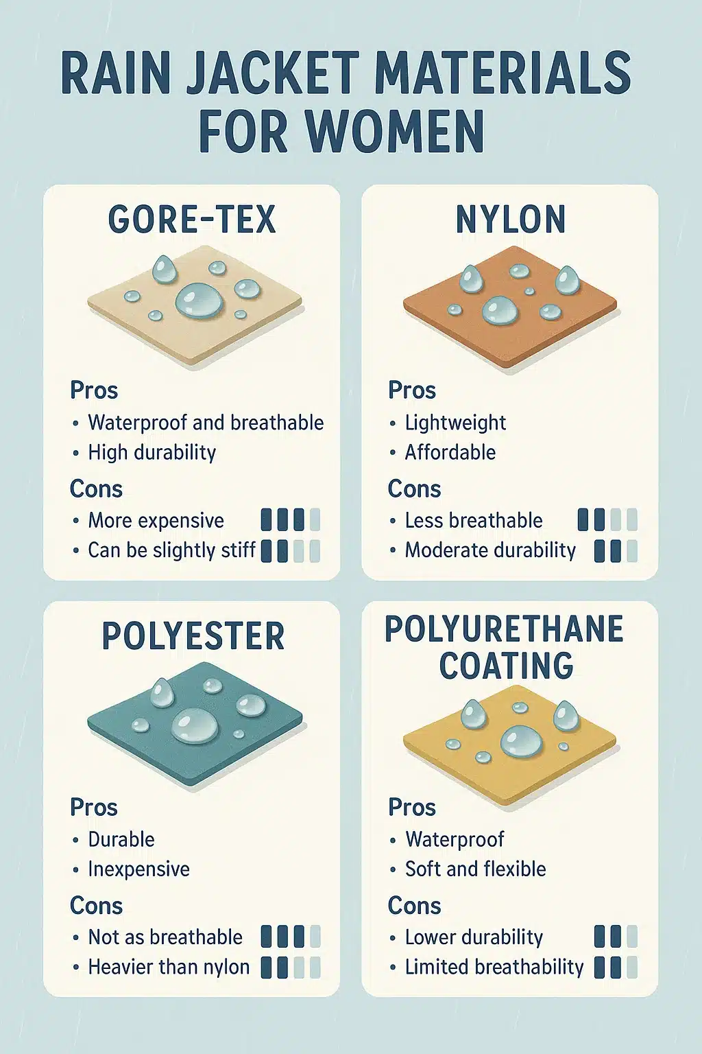 infographic of fabric materials used in best rain jackets for women with water resistance ratings
