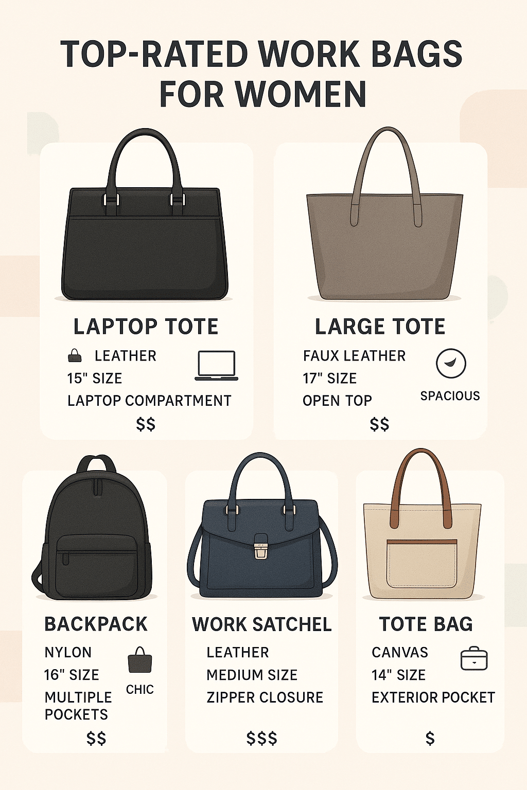 infographic showing best work bags for women with features compartments and style icons