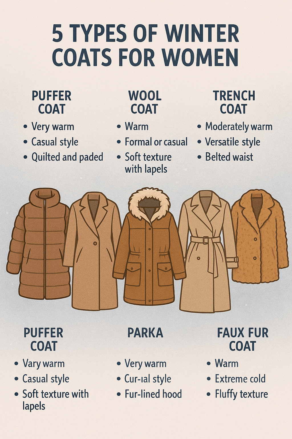 infographic showing different best winter coats for women with features and styles