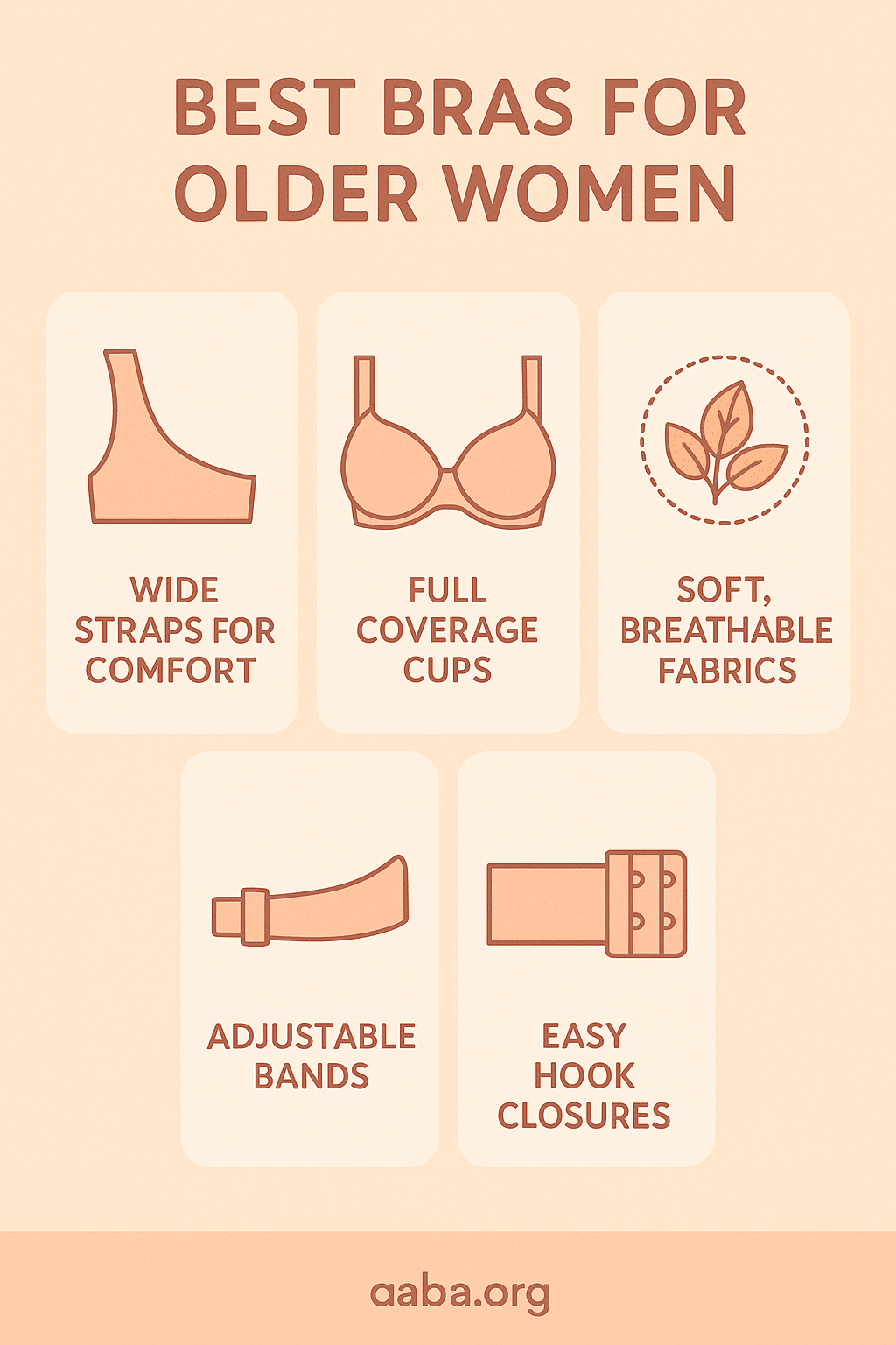 infographic showing five key features of best bras for older women with icons and