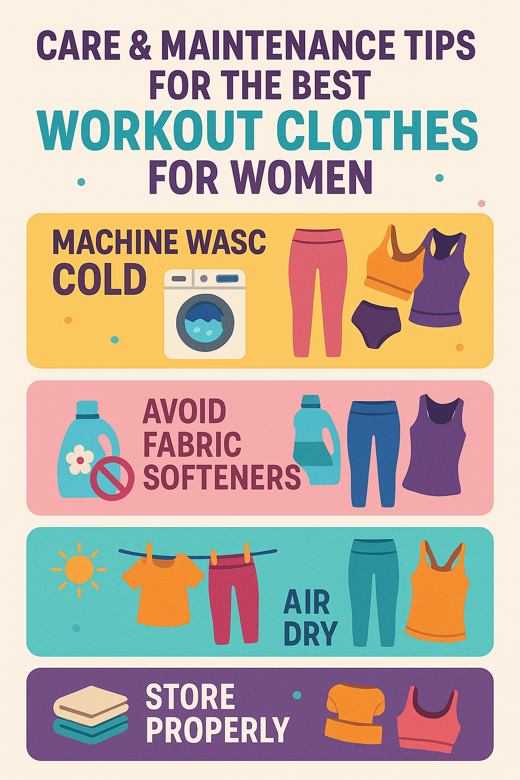 infographic with care and maintenance tips for best workout clothes for women to keep fabric fresh a