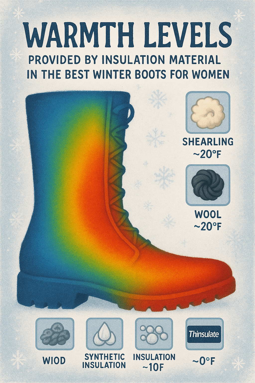 insulation warmth heat map for best winter boots for women showing different materials