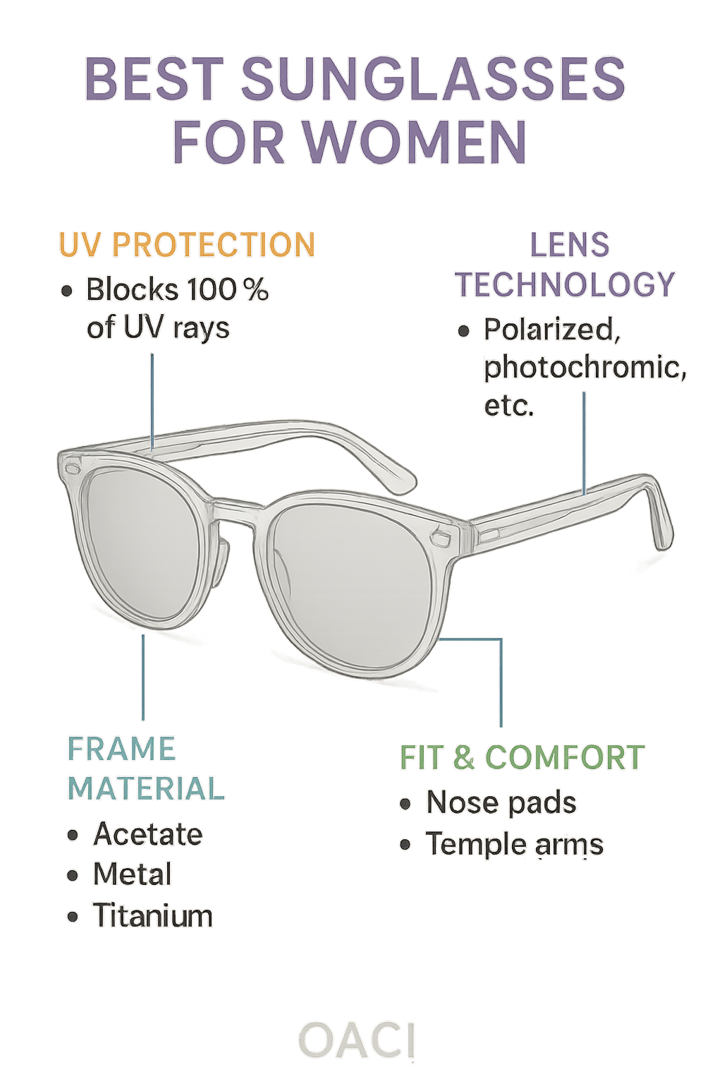 key features diagram of best sunglasses for women showing frame and lens details
