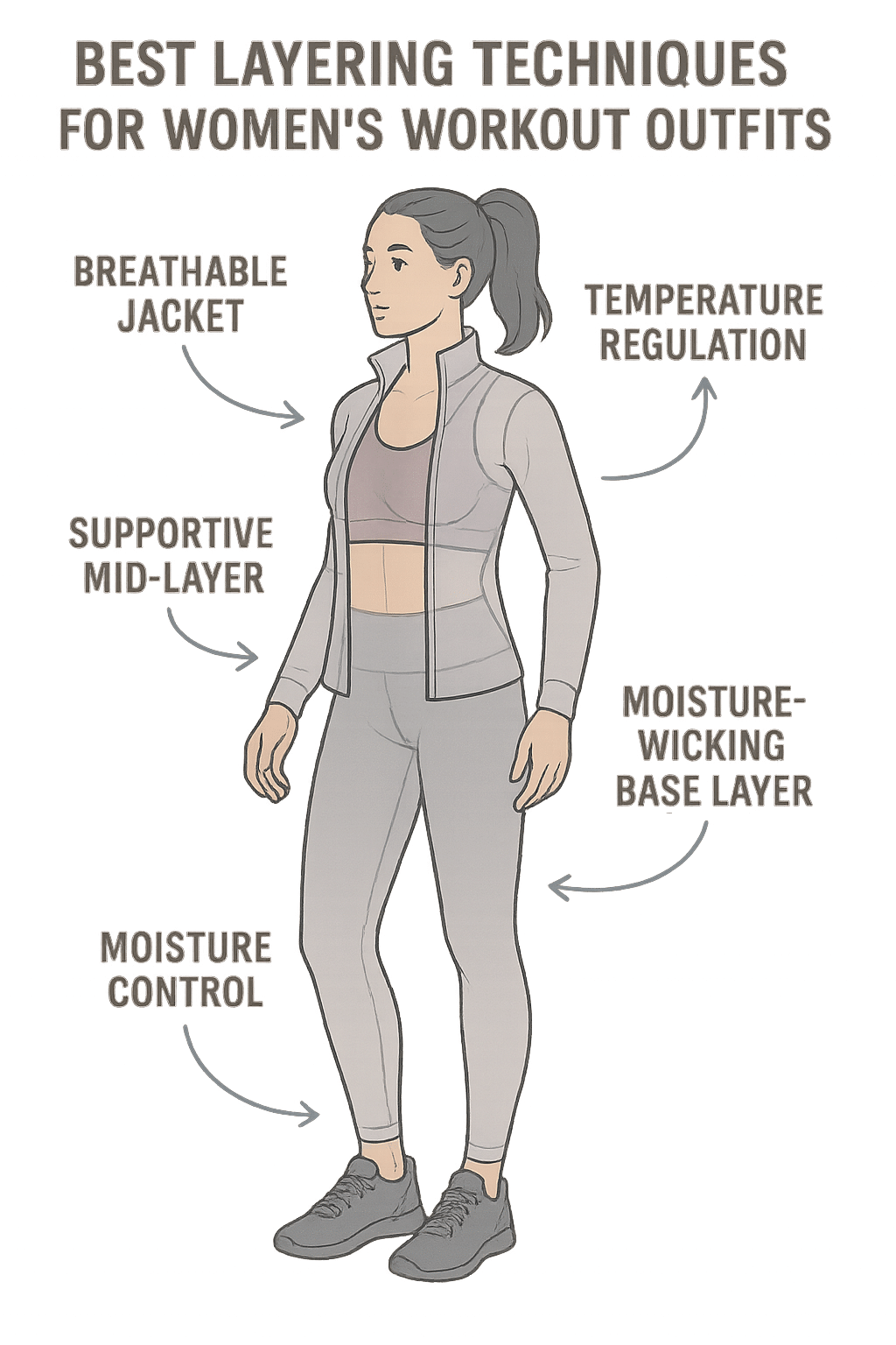 layered diagram showing best layering techniques for workout clothes for women for comfort and tempe