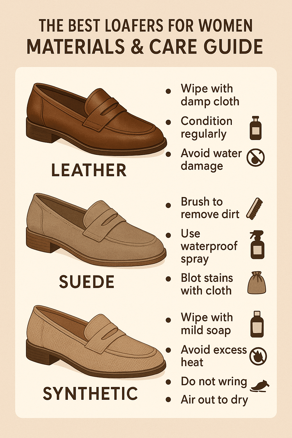 materials and care guide for best loafers for women showing leather suede and synthetic fabrics