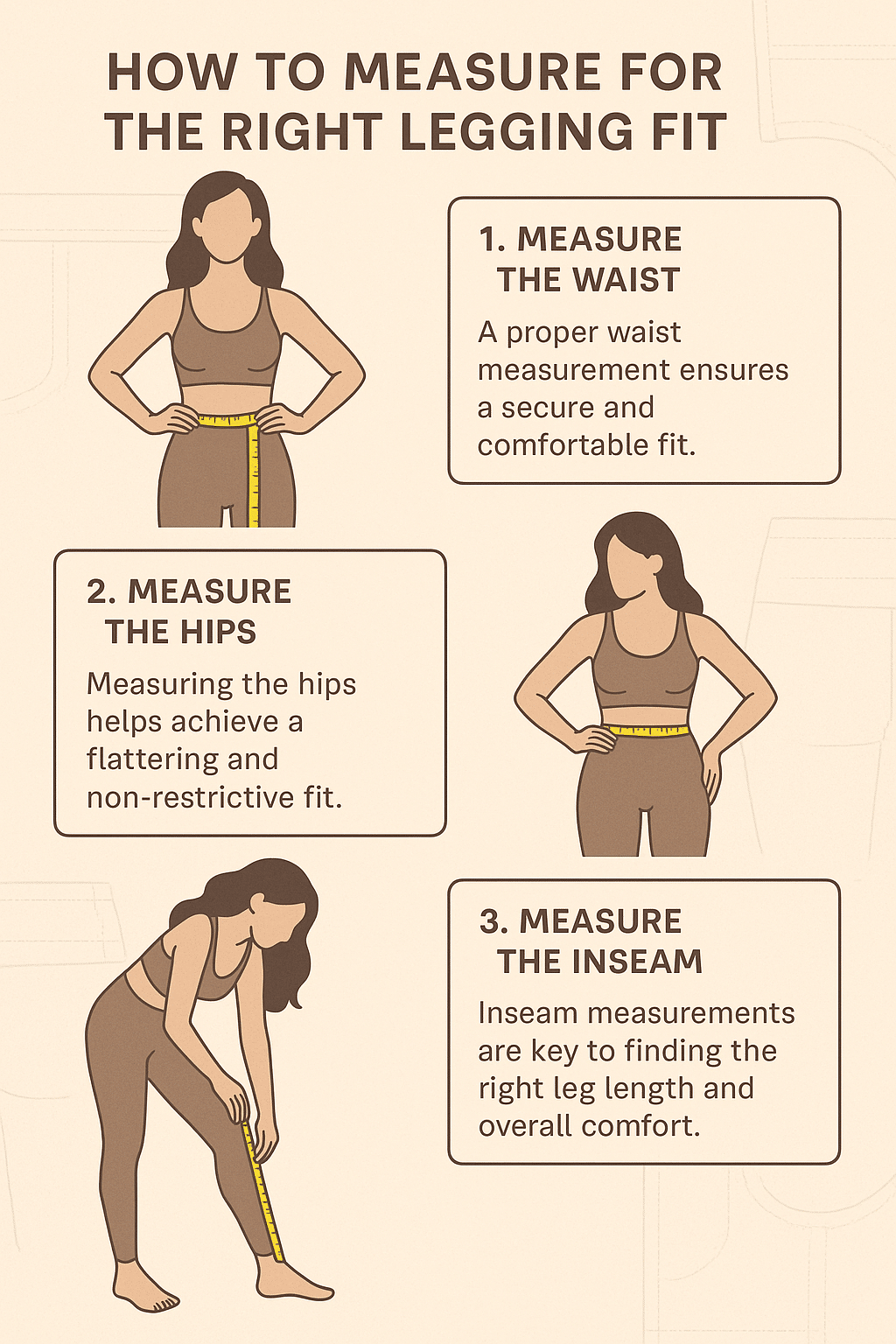 measuring guide for best leggings for women showing waist hips and inseam steps