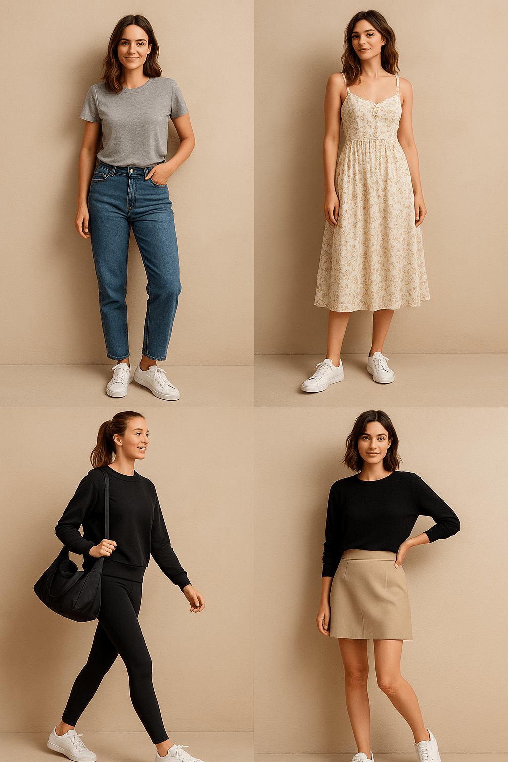 mood board of versatile outfit ideas with best white sneakers for women