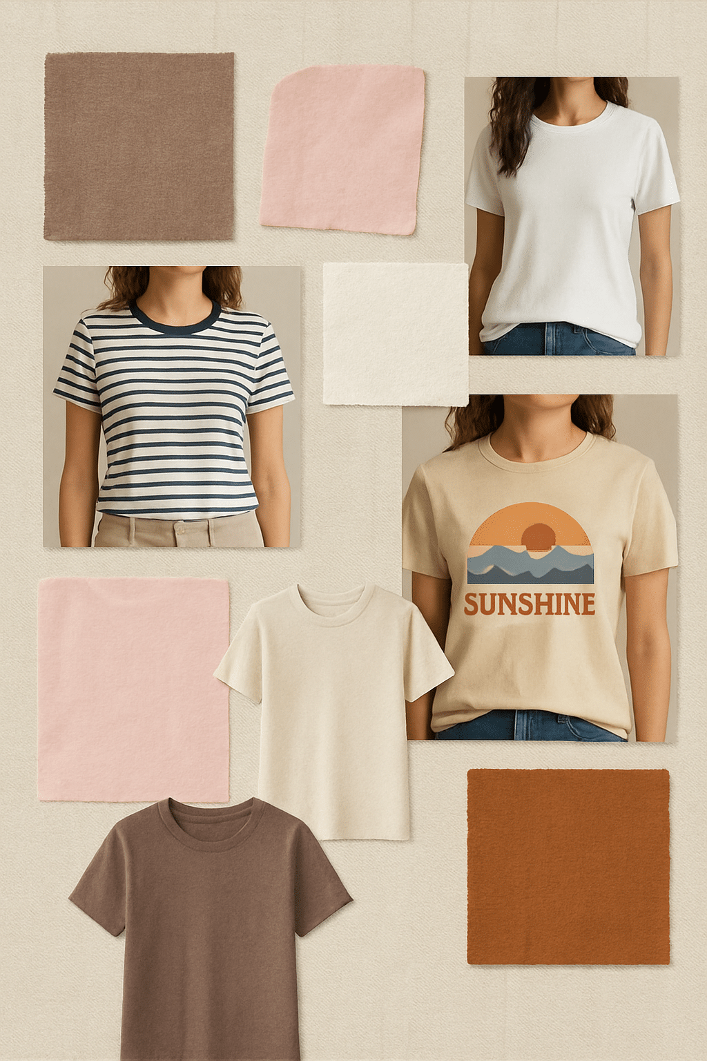 mood board showing textures colors and patterns of best t shirts for women including stripes graphic