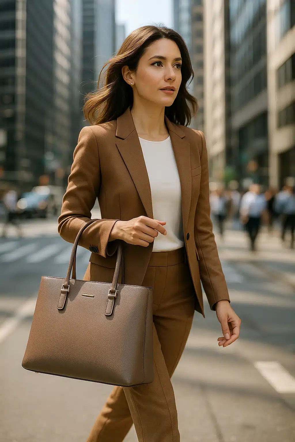 professional woman carrying stylish best work totes for women around city street