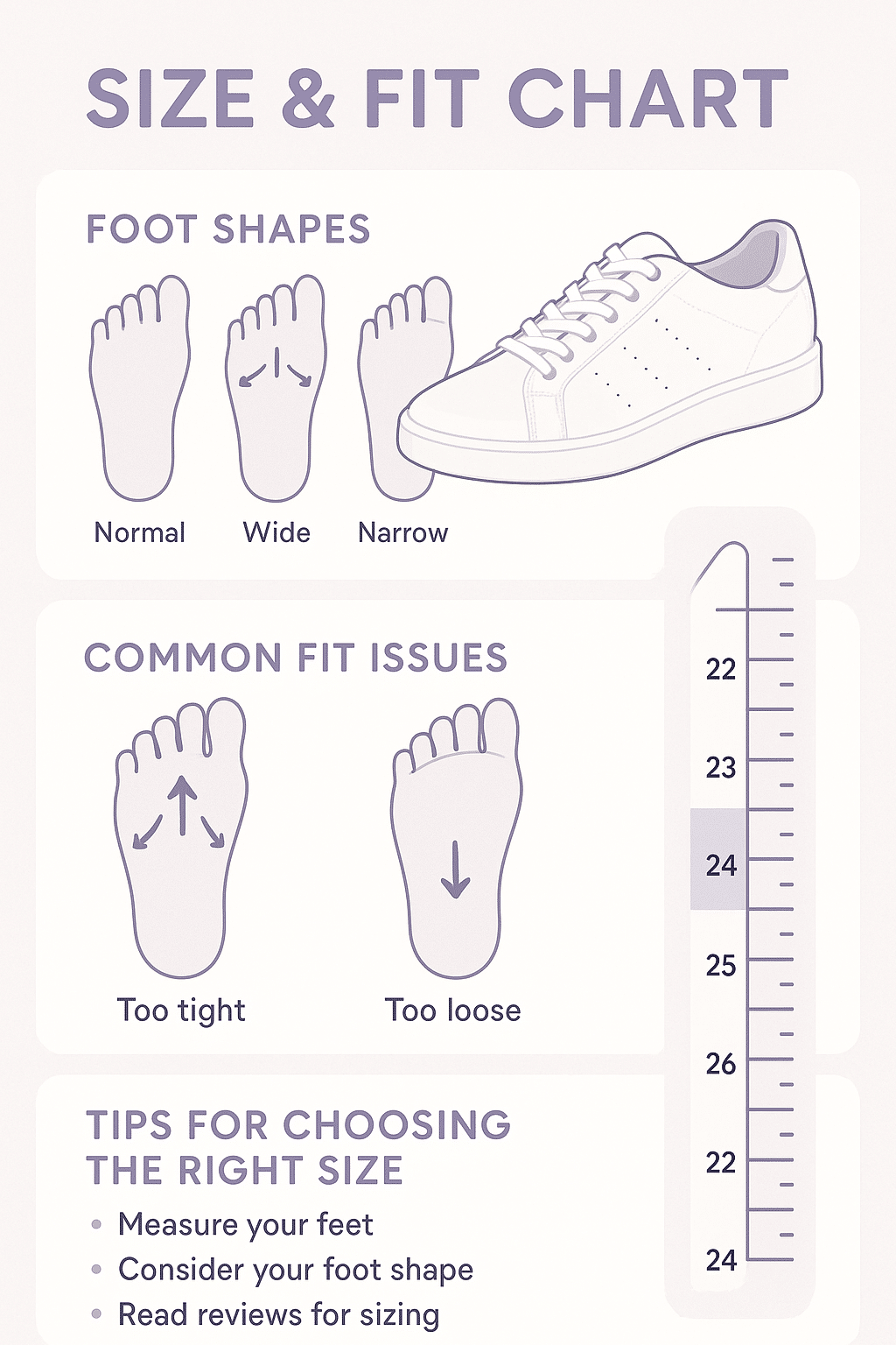 size and fit guide infographic for best white sneakers for women showing foot diagrams