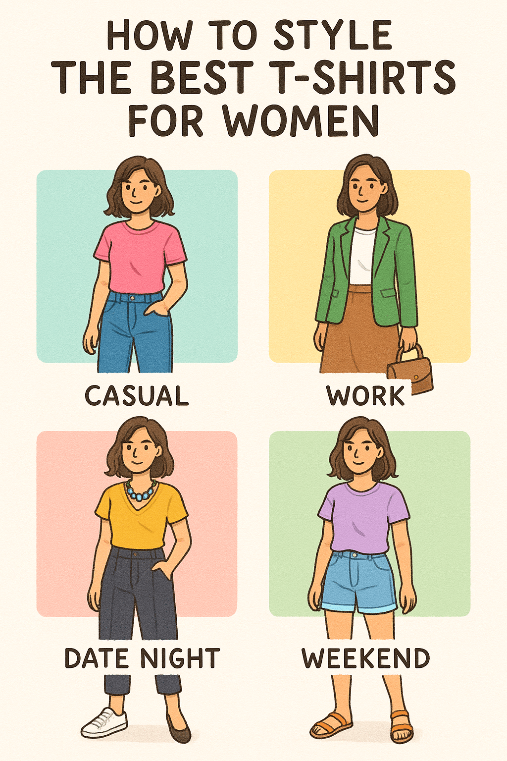 styling guide for best t shirts for women showing casual work date night and weekend outfit ideas