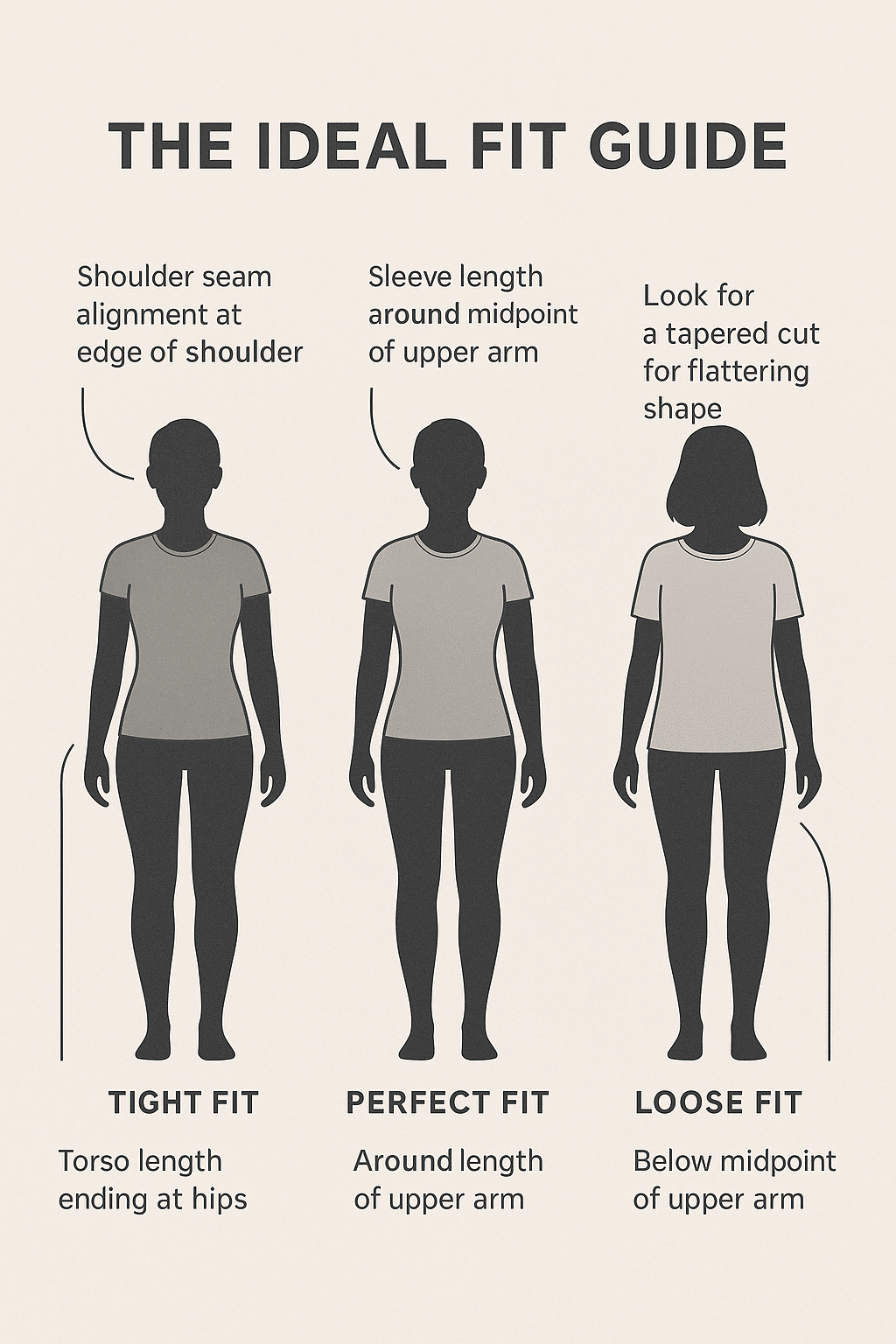 t shirt fit guide for best t shirts for women showing tight fit perfect fit and loose fit