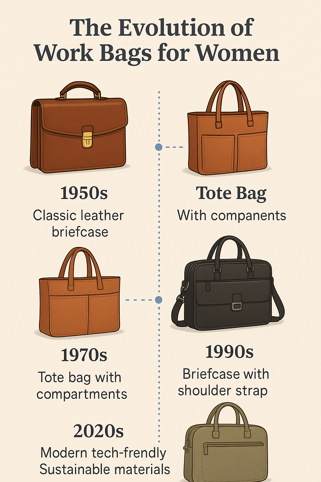 timeline infographic showing evolution of best work bags for women from classic to modern designs