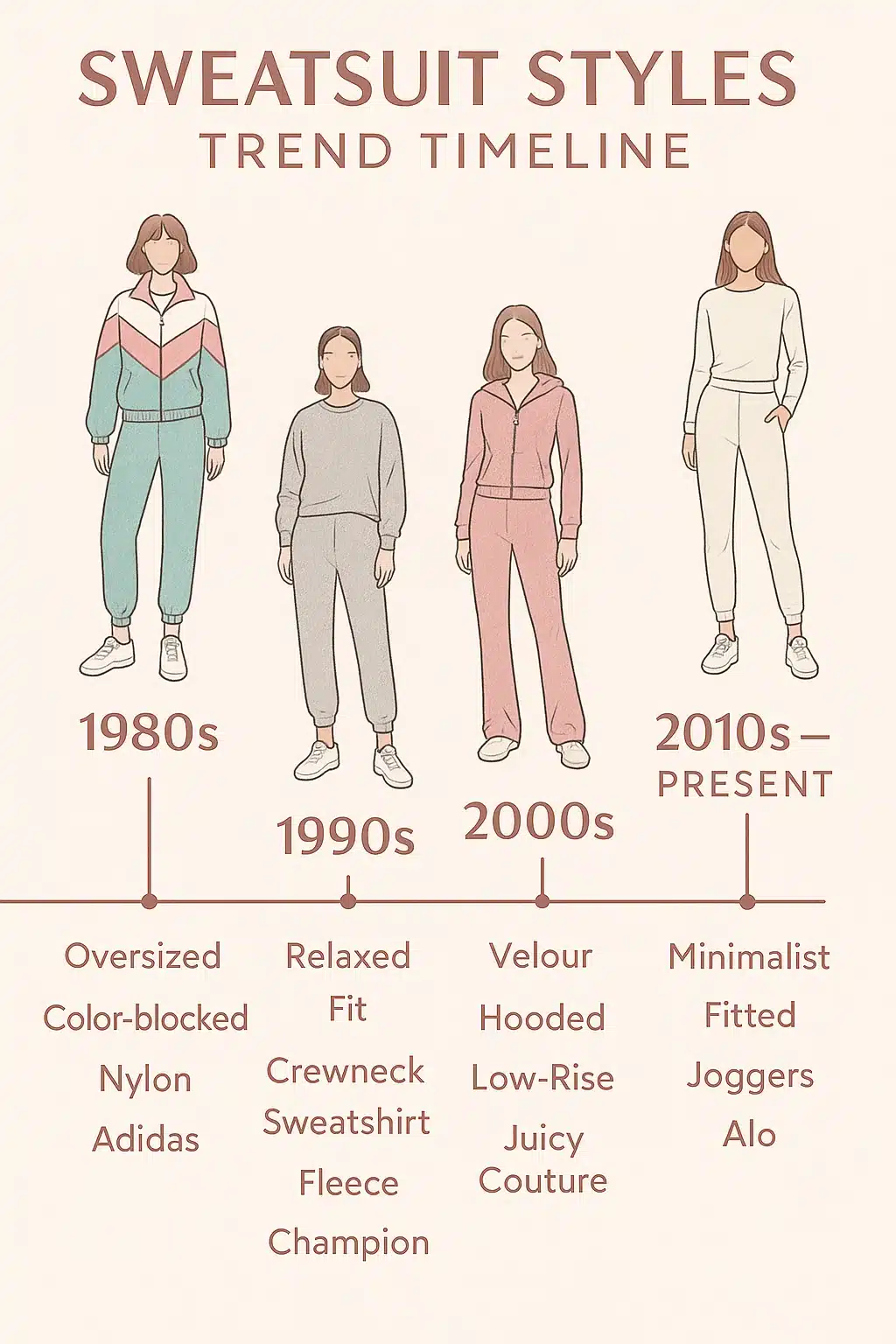timeline showing evolution of best sweatsuits for women styles from 1980s to today