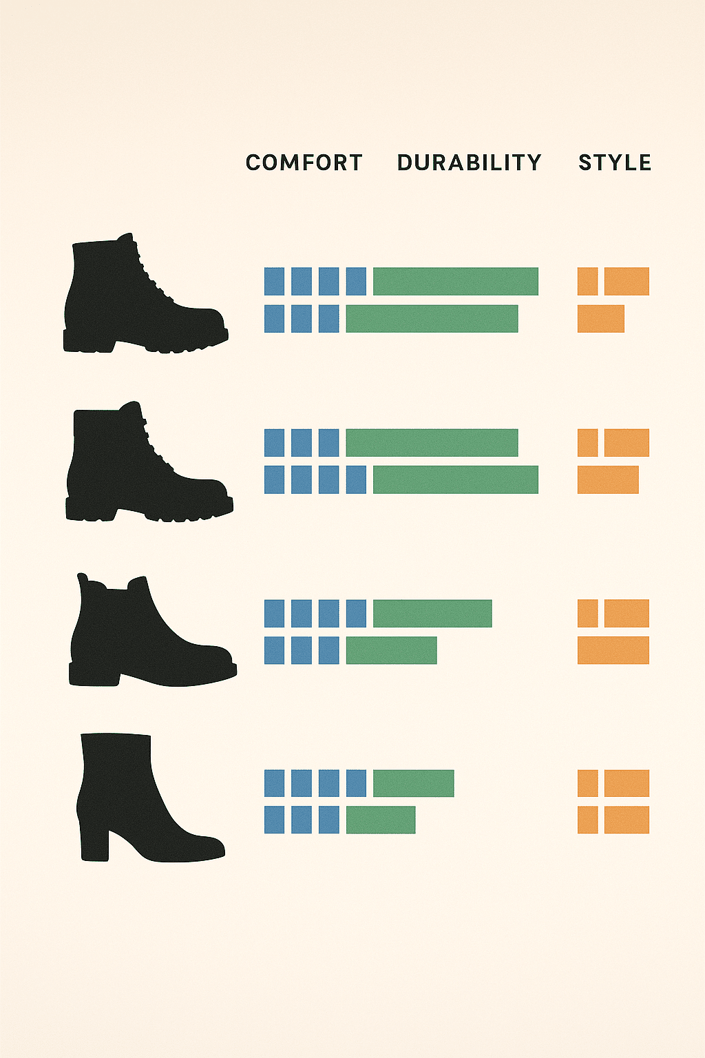 visual comparison chart ranking best boots for women by comfort durability and style