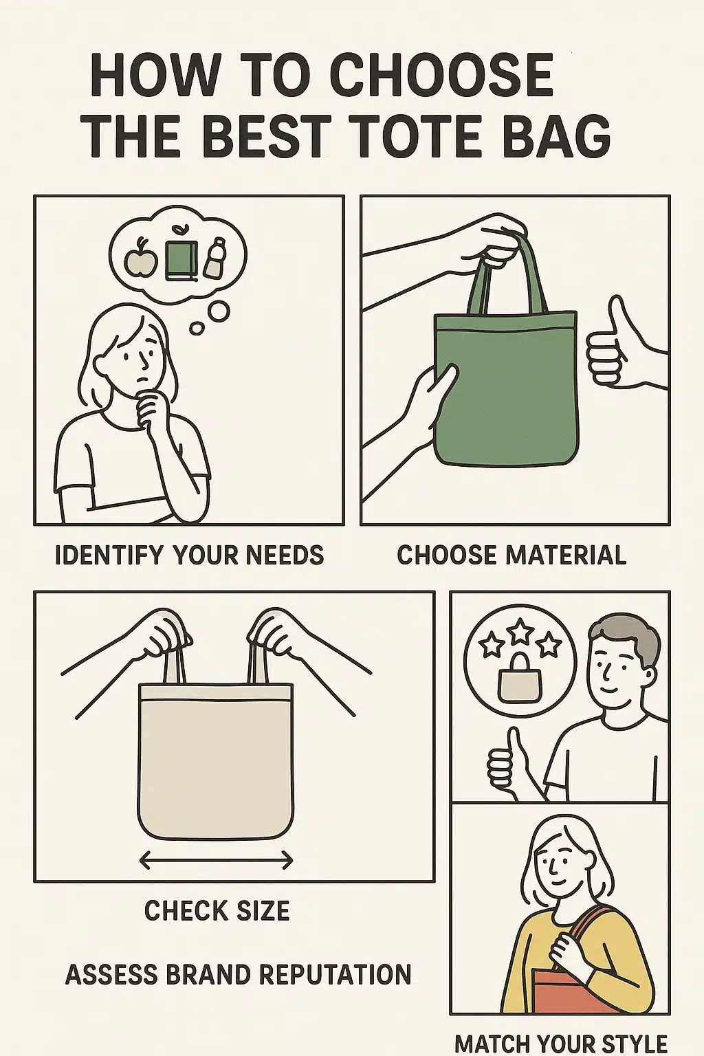 visual guide with five steps to select best tote bags for women based on lifestyle and preferences