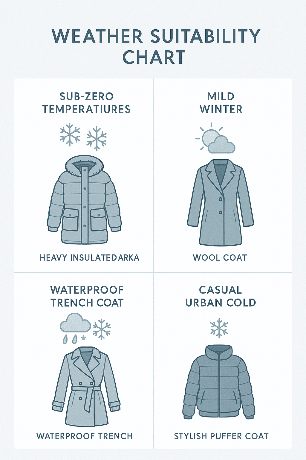 weather chart matching best winter coats for women to different winter climates