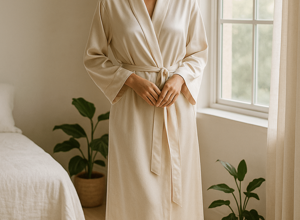 woman wearing best robes for women standing by sunlit window in cozy elegant room