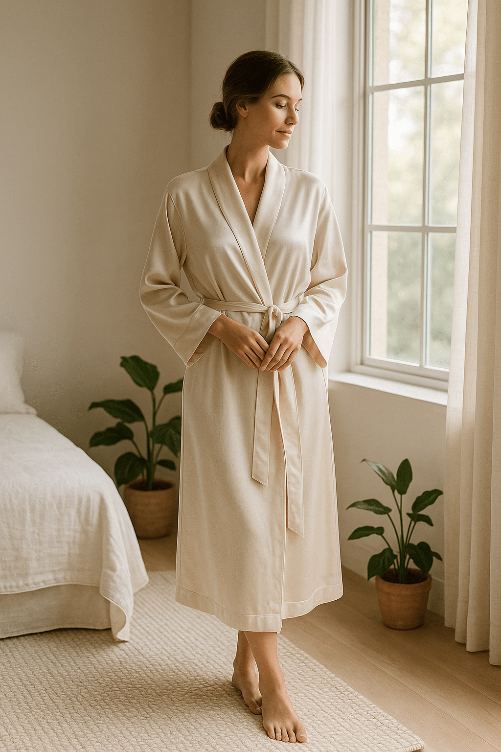 woman wearing best robes for women standing by sunlit window in cozy elegant room