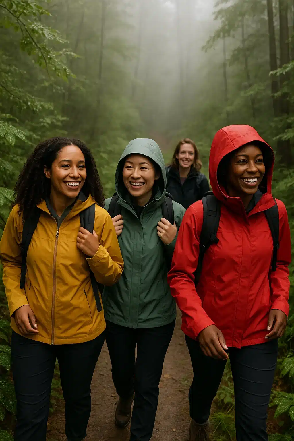 women hiking in forest wearing best rain jackets for women active outdoors in rain