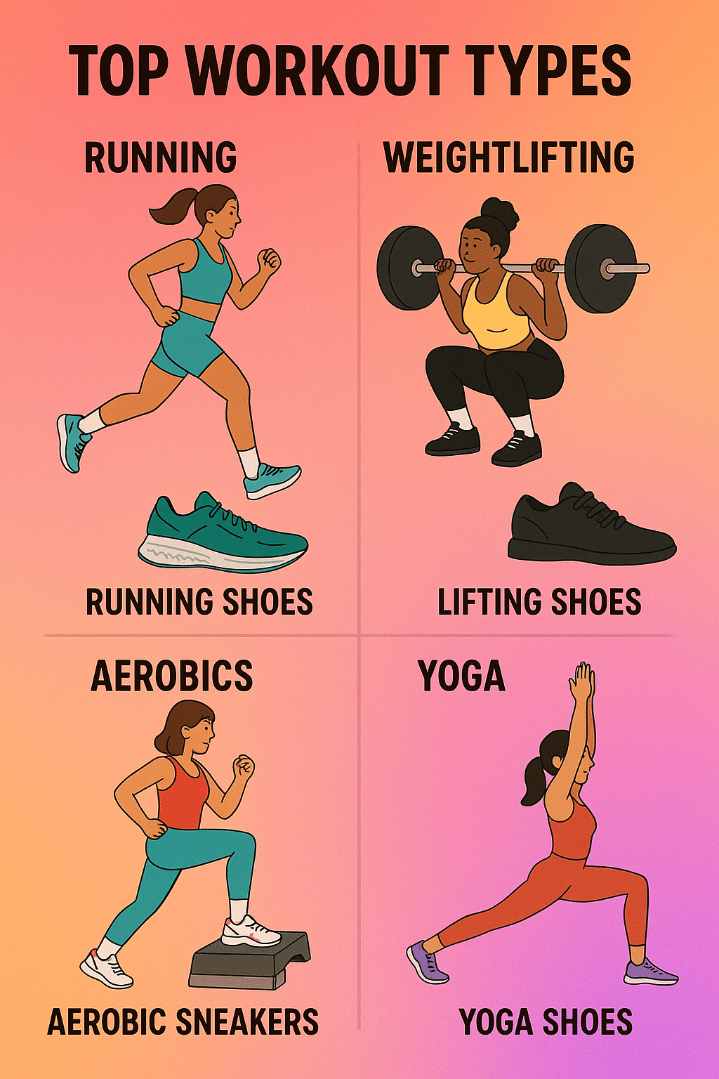 workout types matched with best sneakers for working out for women illustrations and shoe styles